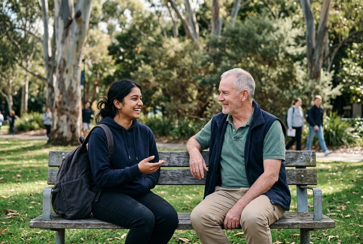 University student and an older community member chatting on a campus lawn