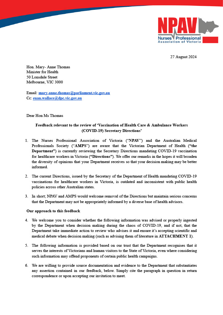 Letter to Minister thomas: Feedback relevant to the review of ‘Vaccination of Health Care & Ambulance Workers(COVID-19) Secretary Directions’