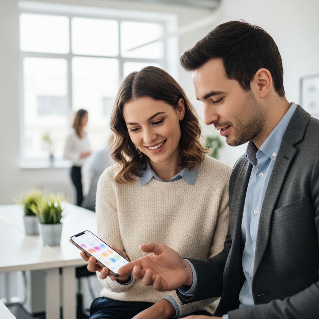 Two colleagues smiling while sharing a referral code on a phone
