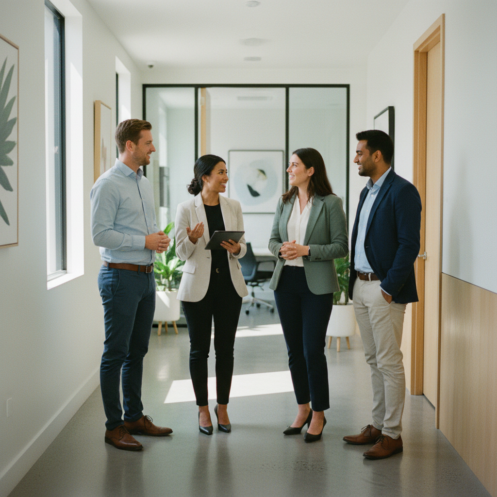 AMPS medical professionals and allied health colleagues talking together in an office corridor