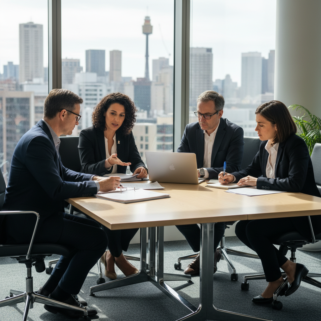 Australian doctors reviewing governance documents together in a boardroom